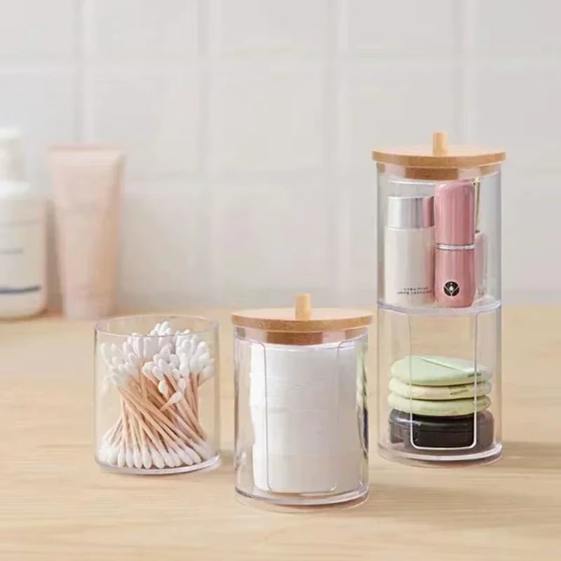 Acrylic Storage Box Bathroom Jar Makeup Organizer Cotton round Pad Holder Cotton Swab Box Qtip Holder Dispenser with Bamboo Lid